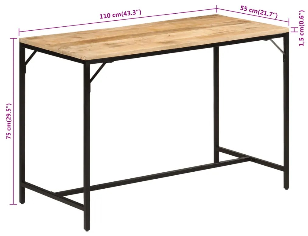 Mesa jantar 110x55x75 cm madeira mangueira maciça áspera/ferro