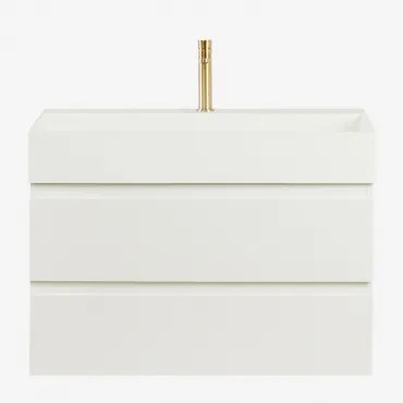 Conjunto De Móvel De Casa De Banho Suspenso Em Madeira E Folha De Freixo Com Lavatório Integrado Ona Branco & Sem Espelho - Sklum