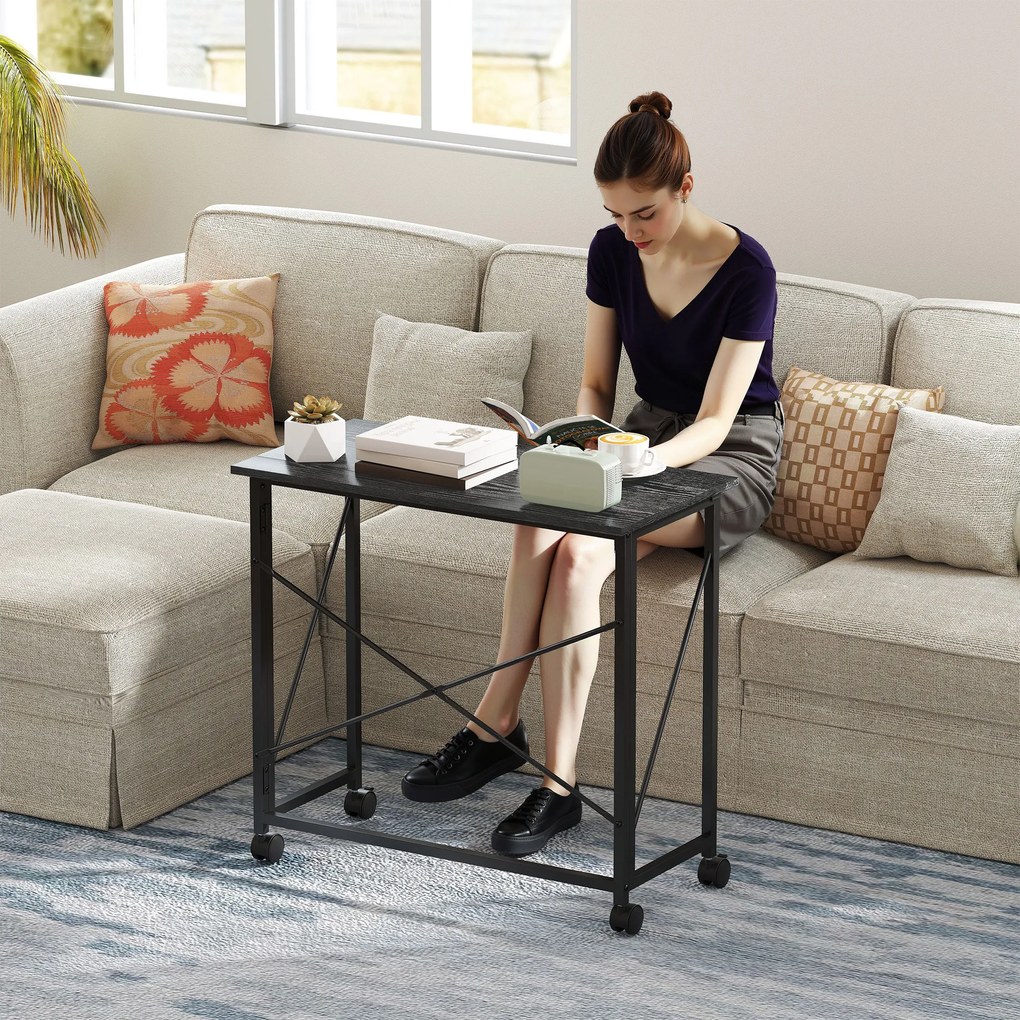 Secretária Dobrável com Rodas Mesa de Secretária Compacta Portátil para Espaços Pequenos 80x40x75 cm Preto