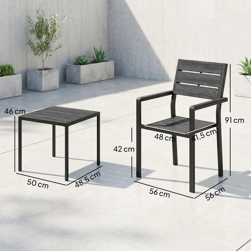Conjunto de Jardim de 3 Peças com 2 Cadeiras e Mesa de HDPE Design com Ripas Efeito Madeira para Varanda Preto