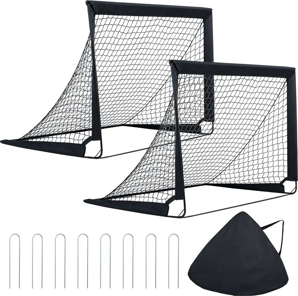 Conjunto de 2 Balizas de Futebol Dobráveis, 120 x 90 x 92 cm, com Estacas de Fixação, Preto