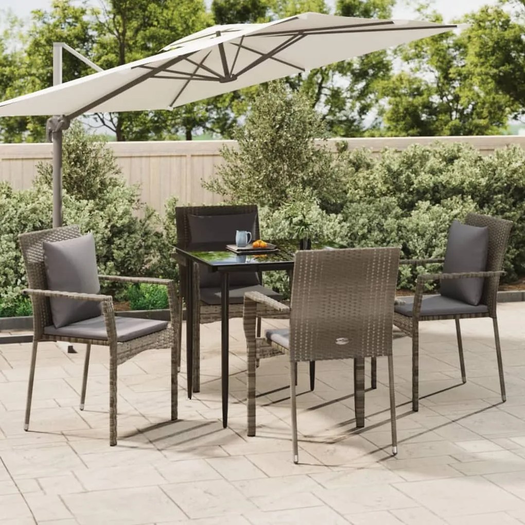 vidaXL 5 pcs conjunto jantar jardim c/ almofadões vime PE preto/cinza