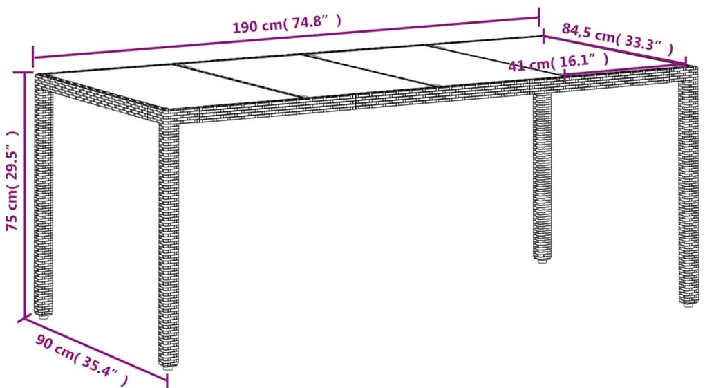 Mesa de jardim com tampo de vidro 190x90x75 cm vime PE branco