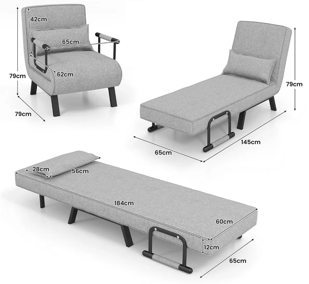 Sofá-cama dobrável conversível Cadeira de dormir individual Encosto ajustável Almofada removível Almofada estofada para escritório em casa Cinzento cl