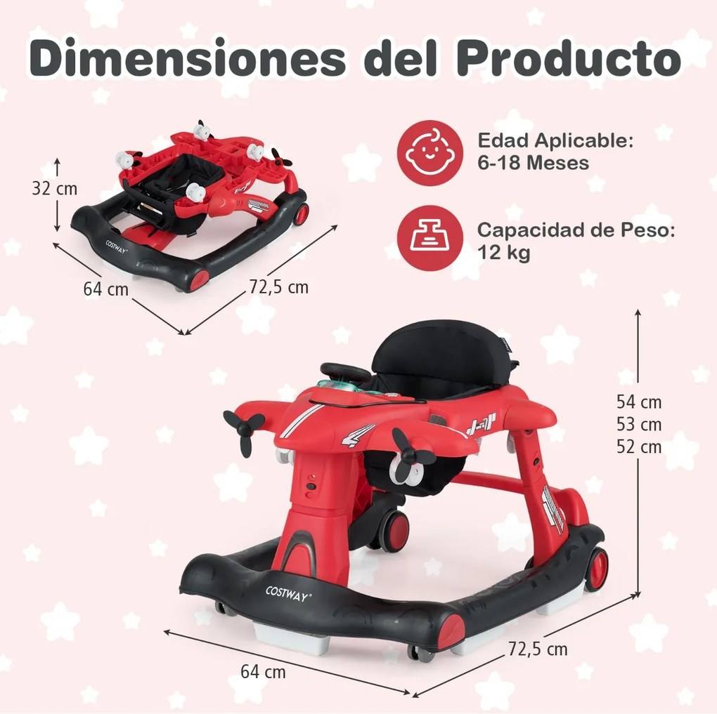 Andador 6 em 1 para bebés de 6 a 18 meses, dobrável, com tema de avião, altura ajustável, bandeja para refeições, centro de atividades conversível, ve