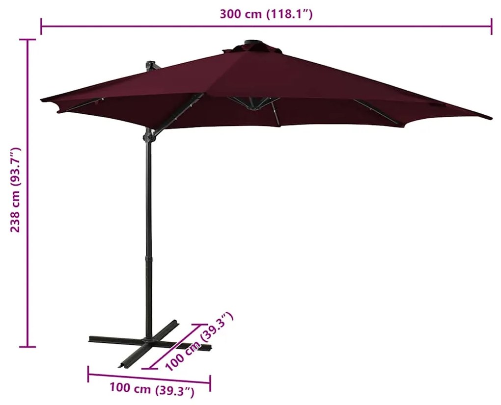 Guarda-sol jardim cantilever c/ poste e luzes LED 300 cm bordô