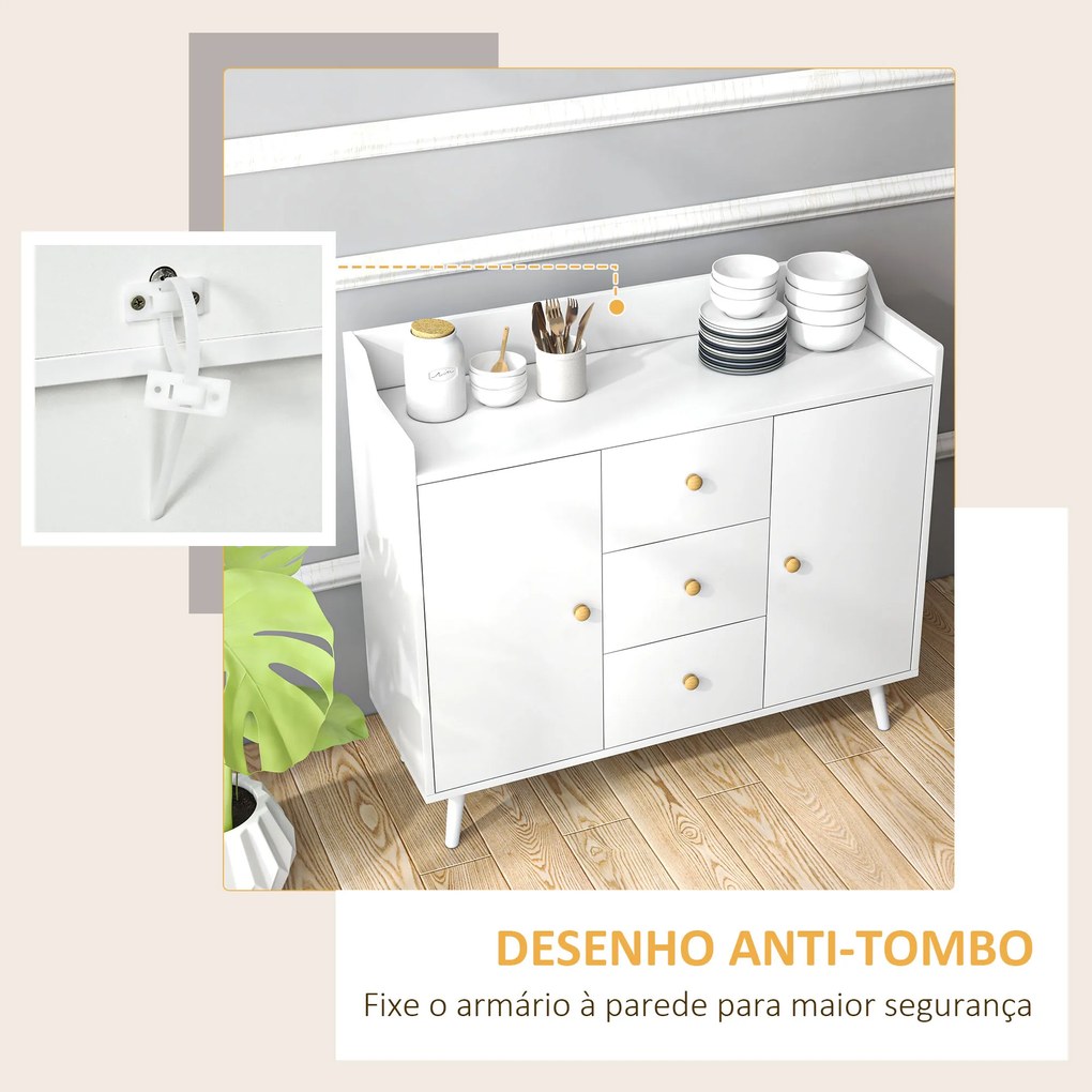 HOMCOM Aparador Sala de Estar Moderno Aparador de Cozinha com 2 Portas 3 Gavetas e Pés de Madeira de Pinho para Sala de Estar Corredor Dormitório 90x32x80 cm Branco