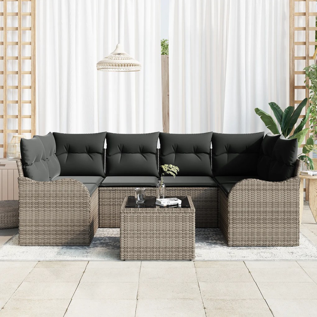 Conjunto de Sofá para Jardim com Almofadas Cinza Rattan Poliéster