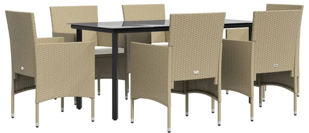 7 pcs conjunto de jantar p/ jardim c/ almofadões bege e preto