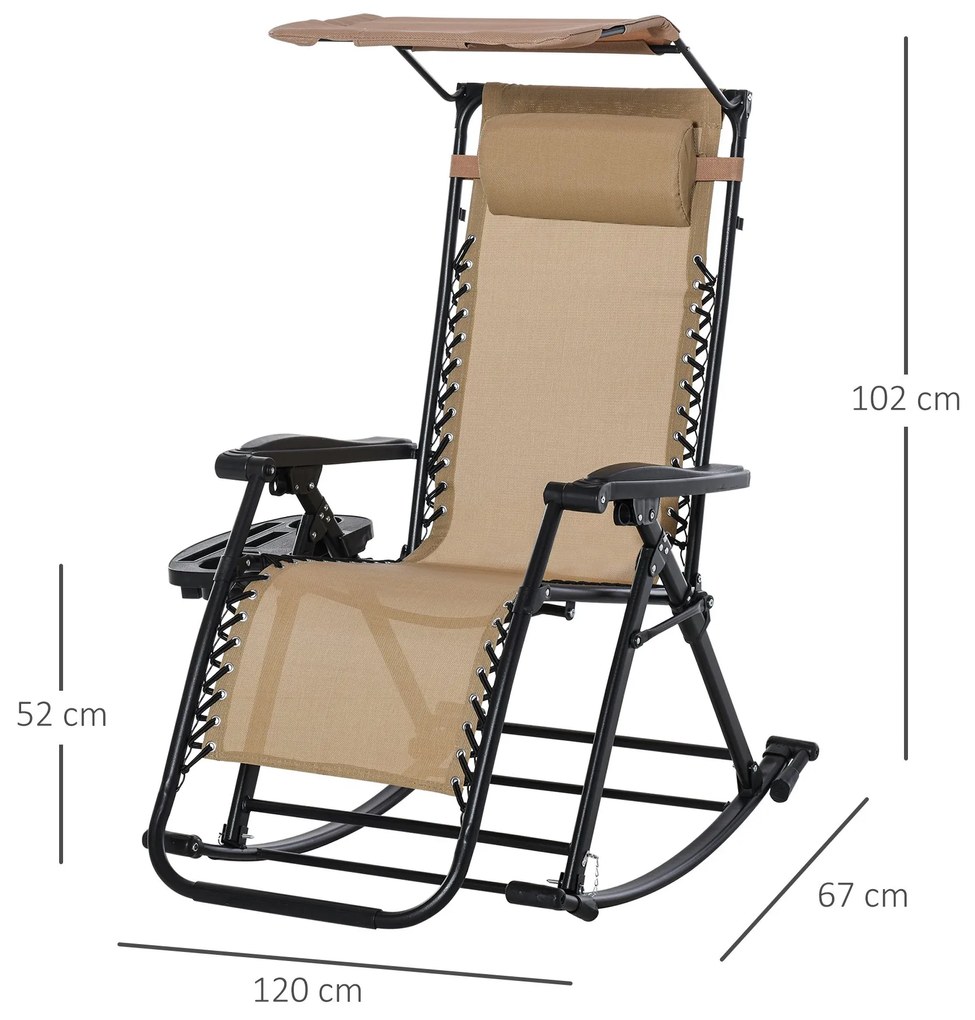 Espreguiçadeira de balanço de jardim dobrável reclinável com toldo de proteção solar Estrutura de aço 120x67x102 cm Bege escuro