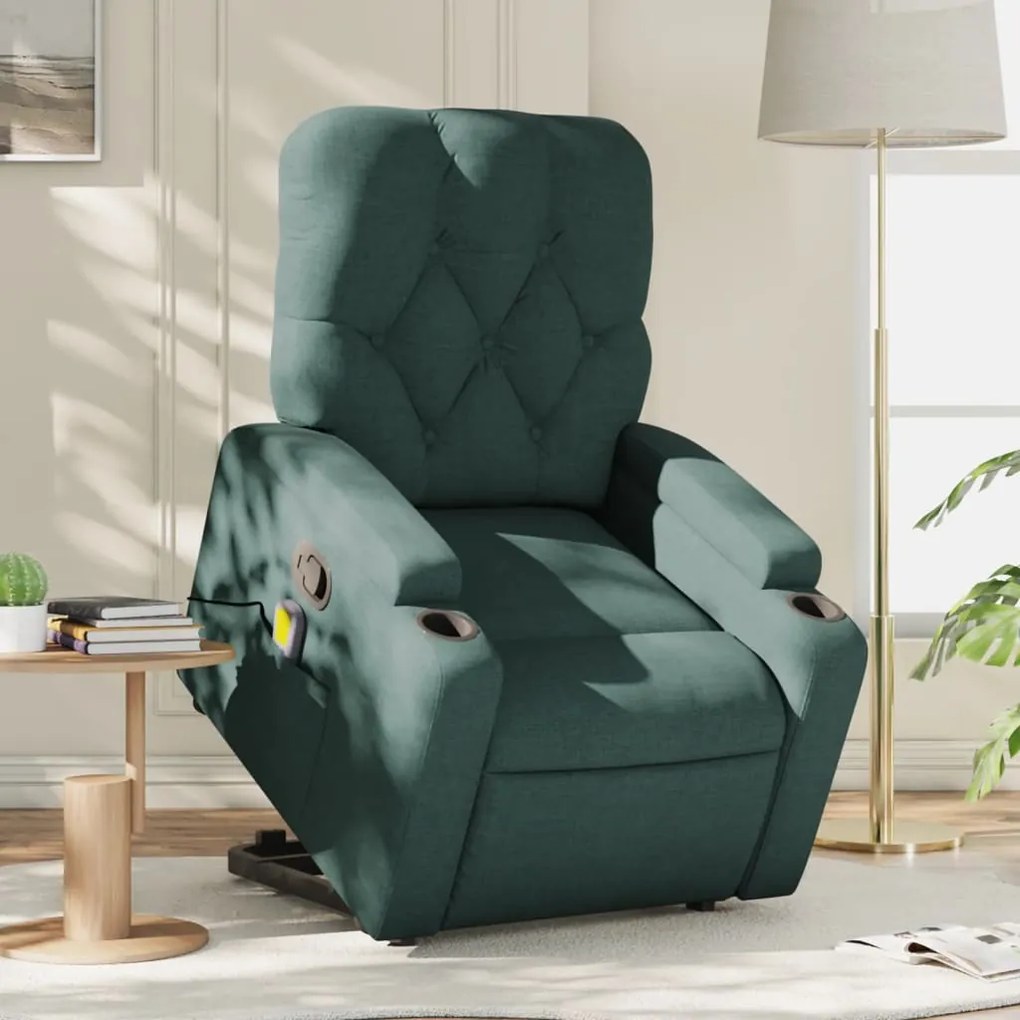 vidaXL Poltrona reclinável elevatória de massagens tecido verde-escuro