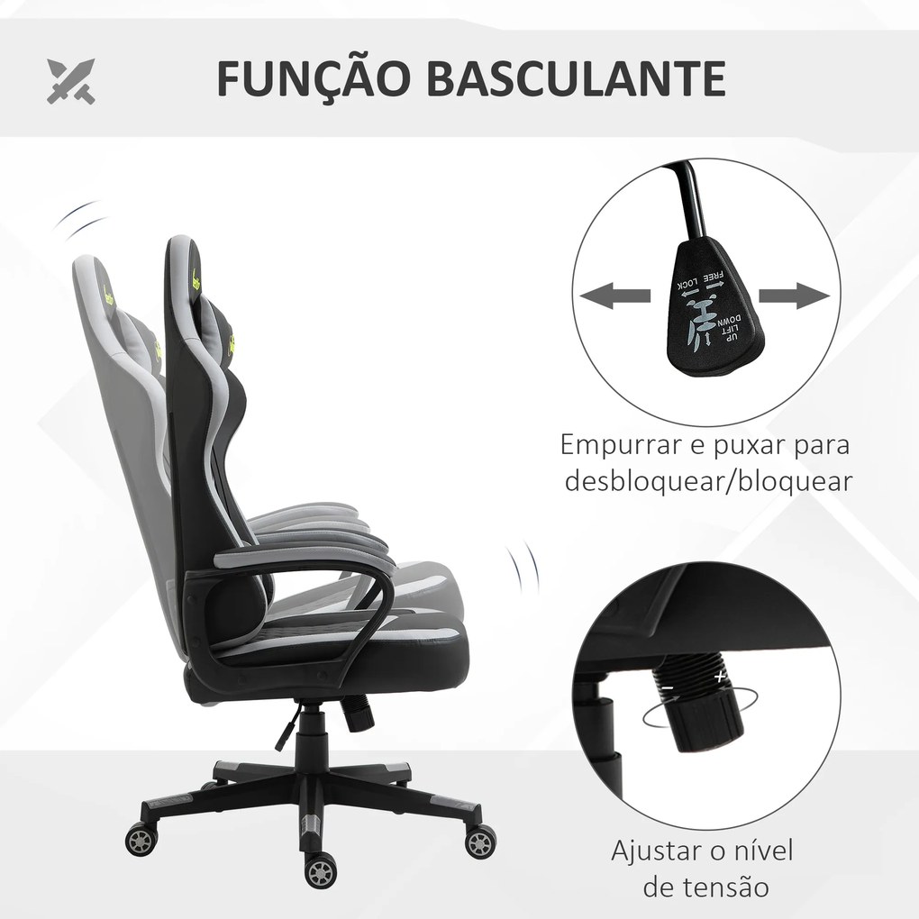 Cadeira Gaming com Altura Regulável Basculante com Apoio de Cabeça e Almofada Lombar 61x70x121-129 cm Preto