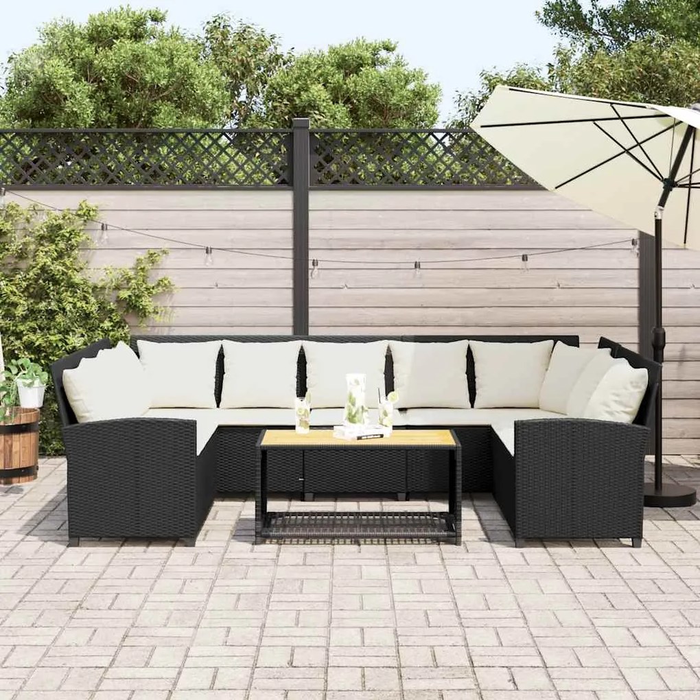 Sofá de jardim com almofadões vime PE preto