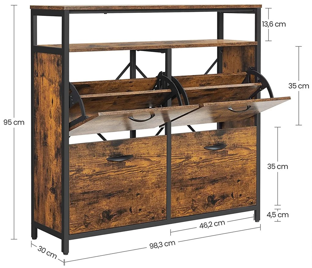 Sapateira com 4 abas 98,3 x 30 x 95 cm castanho Vintage-preto