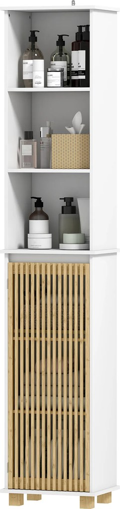 Armário de casa de banho, móvel de arrumação para casa de banho com porta de ripas de bambu e compartimentos abertos 35 x 26 x 173 cm branco