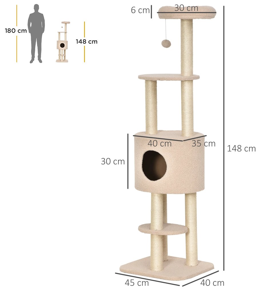 Arranhador para Gatos Altura 148 cm Arranhador para Gatos com Postes de Sisal 3 Plataformas Casa e Bola Suspensa Bege