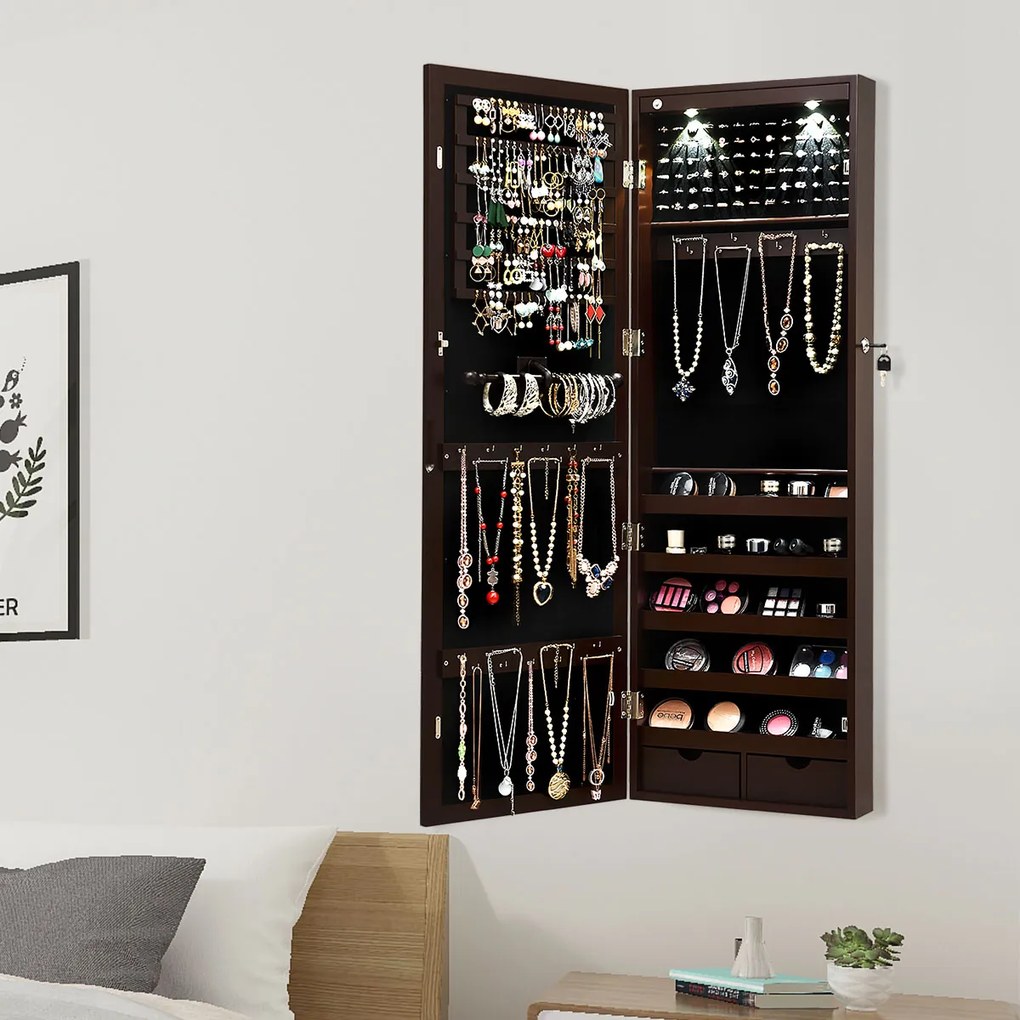 Guarda Jóias C/ Espelho Corpo Inteiro Montado na Parede com 2 Luzes LED Organizador de Jóias de Corpo Inteiro 37 x 9,5 x 108 cm Castanho