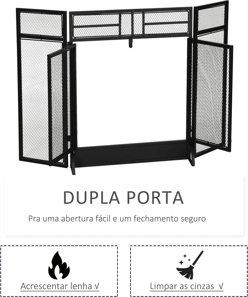 Frente de Lareira Dobrável Frente para Lareira com 3 Painéis com Porta