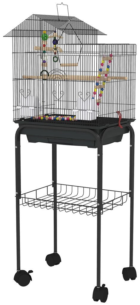 PawHut Gaiola para Passáros Gaiola de Metal com Portas 4 Comedouros 3 Poleiros Baloiço Escadas e Bandeja Removível 46x36x120 cm Preto
