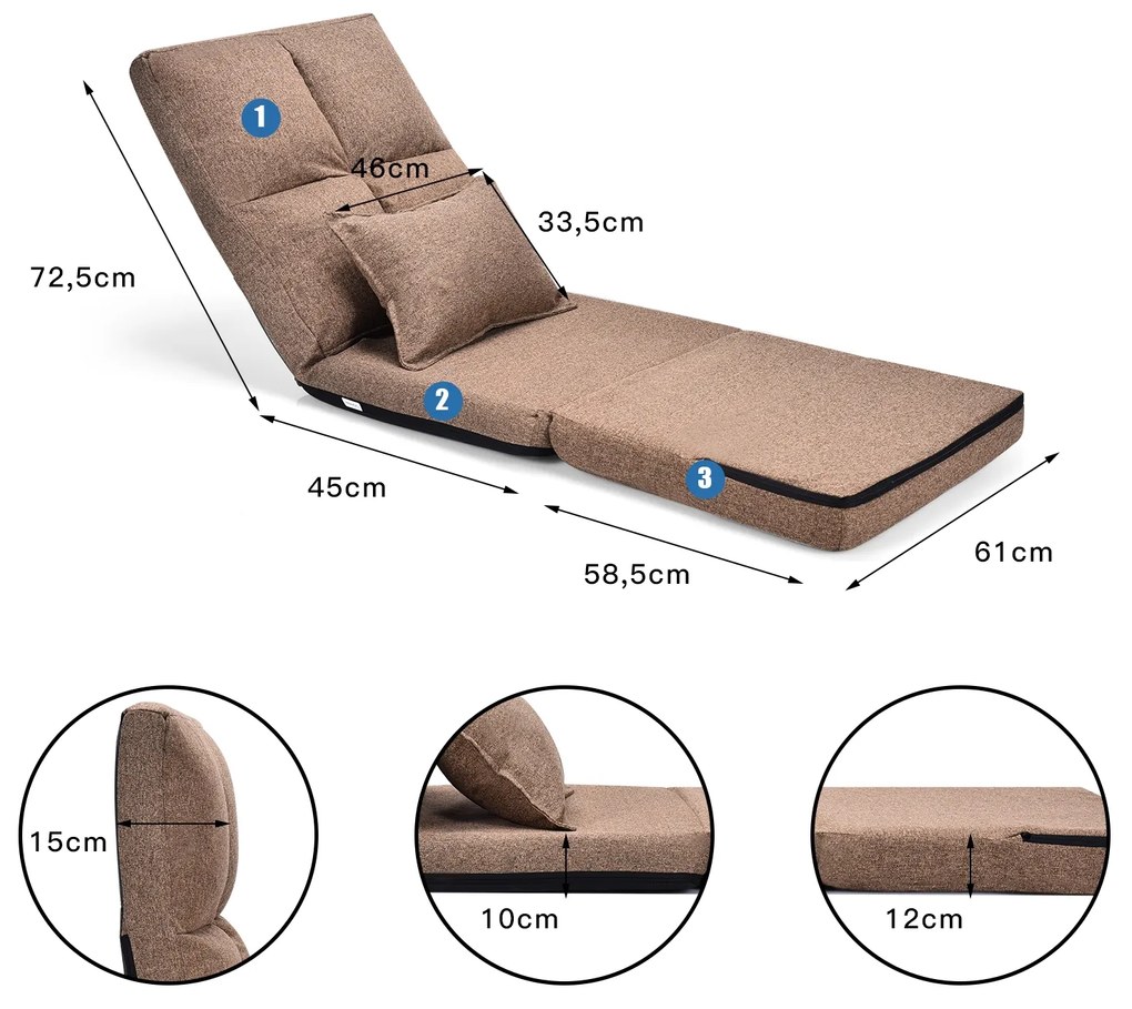 Sofá Dobrável Dobrável de 6 posições ajustável com almofada macia 176 x 64 x 15 cm Café