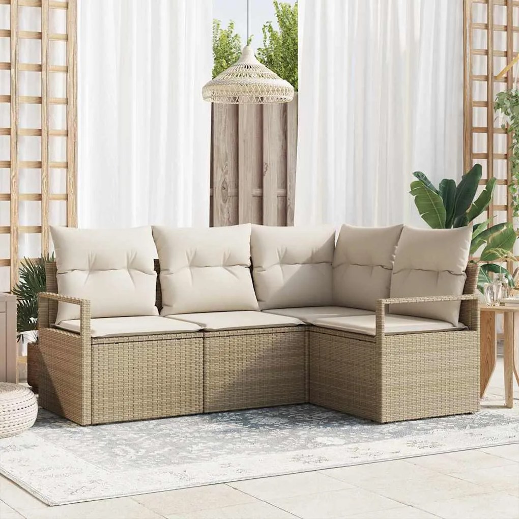 vidaXL Conjunto de sofá de jardim 4 peças com almofadas bege em rattan sintético.