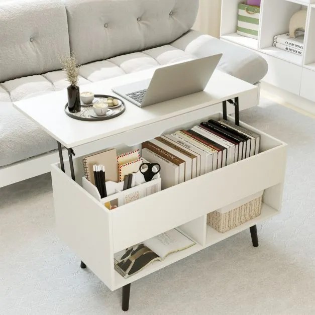 Mesa de centro com tampo elevável 80 x 40 x 46 cm, compartimento oculto e 2 prateleiras para sala de estar Branco