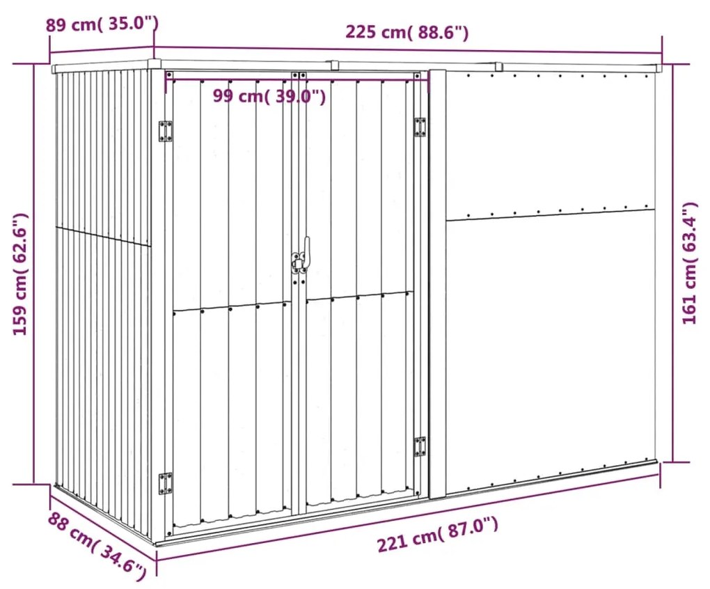 Abrigo ferramentas jardim 225x89x161cm aço galvanizado castanho