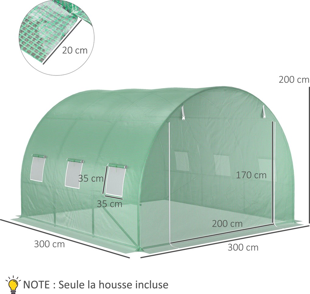 Lona de substituição de 9 m², lona 3 x 3 x 2 m para estufa em túnel (ESTRUTURA NÃO INCLUIDA)  em PE anti-UV, impermeável, com 6 janelas + porta enrolá