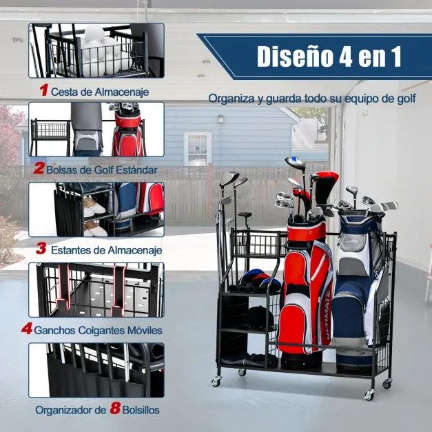 Estante para sacos de golfe Estante dupla para sacos de golfe com rodas universais bloqueáveis Suporte para tacos de golfe 95 x 40 x 94 cm