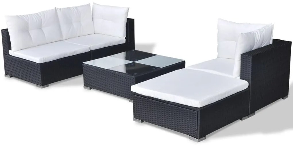 5 pcs conjunto lounge de jardim c/ almofadões vime PE preto