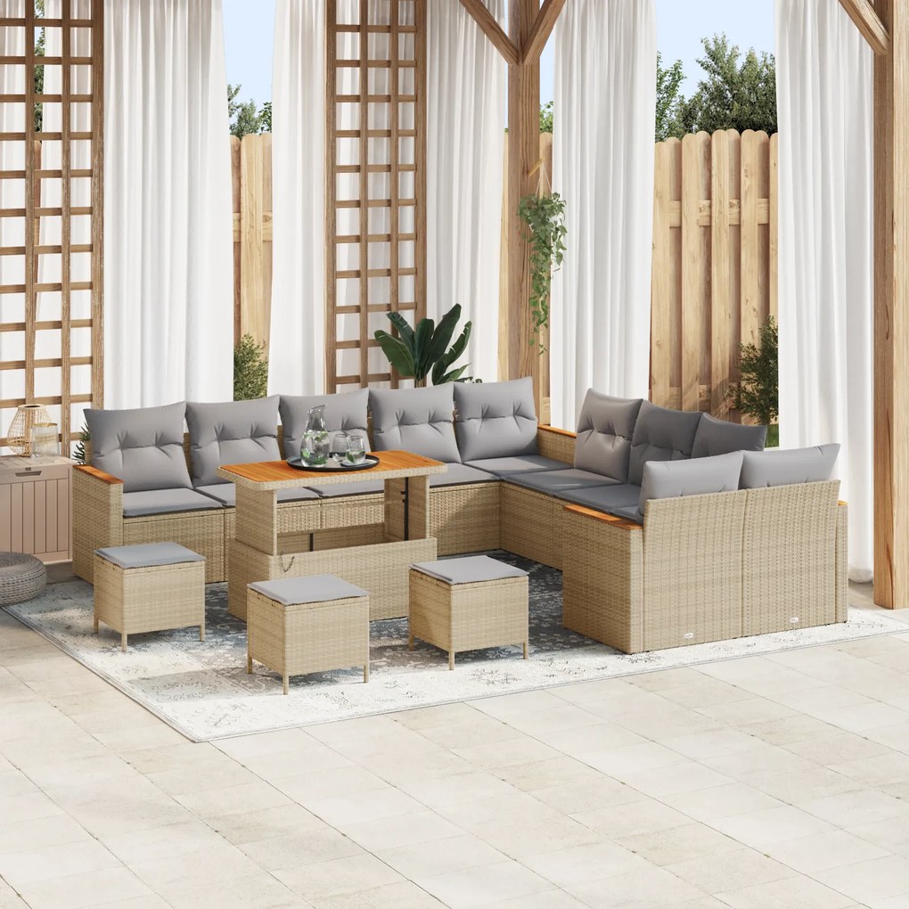 Conjunto de Sofá de Jardim de 14 Peças com Almofadas Bege Vime Sintético Acácia