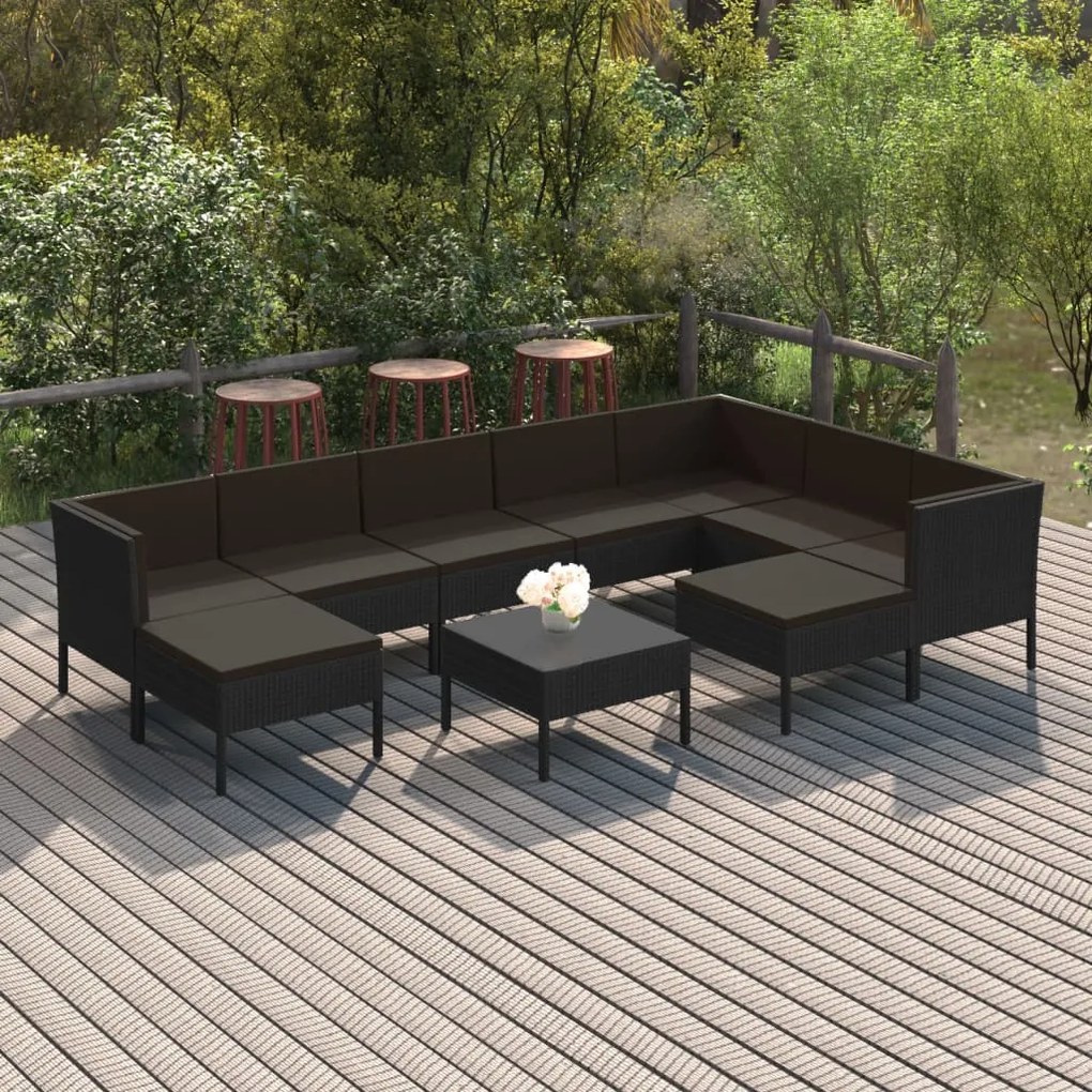 vidaXL 10 pcs conjunto lounge de jardim c/ almofadões vime PE preto