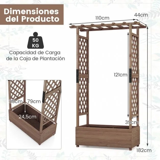 Floreira jardim elevada de madeira com treliça em arco Furo de drenagem 110 x 44 x 182 cm Castanho