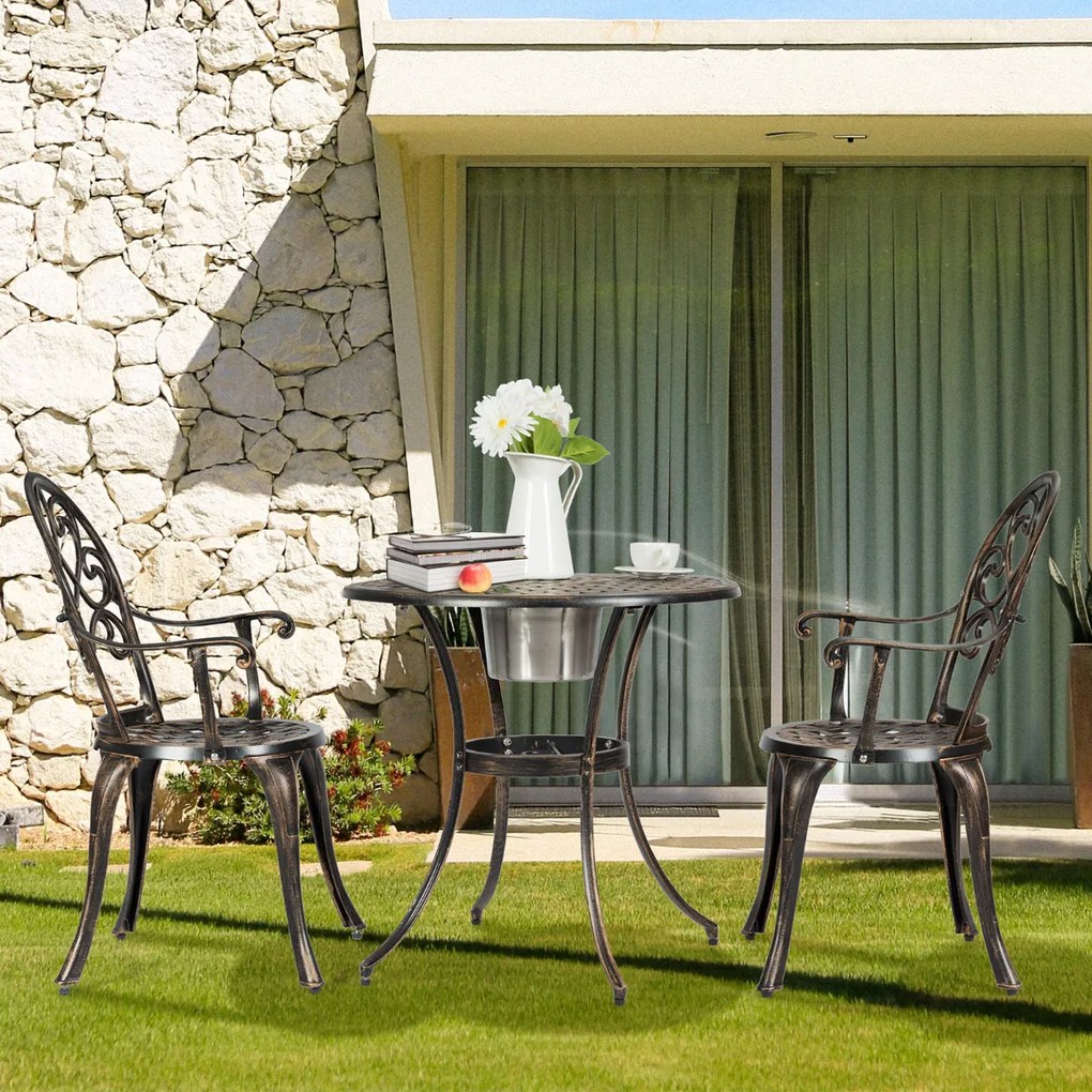 Conjunto de 3 peças de alumínio fundido para mesa de bistrô ao ar livre e 2 cadeiras de bistrô com balde de gelo amovível resistente Bronze