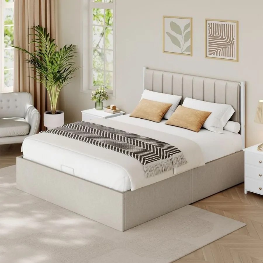 Estrutura de cama 160 x 200 cm (COLCHÃO NÃO INCLUIDO) com arrumação sob a cama; cabeceira em bege cappuccino