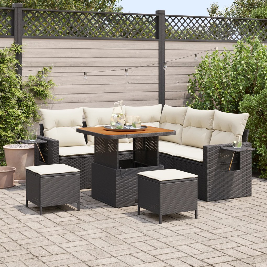 Conjunto de Sofá de Jardim da vidaXL de 8 Peças com Almofadas Preto Vime PE Acácia
