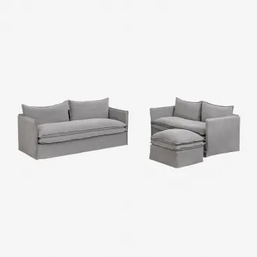 Conjunto De Sala Com Sofá De 2 Lugares, Sofá De 3 Lugares E Pufe Em Linho E Algodão Grace Tecido Cinzento Escuro - Sklum