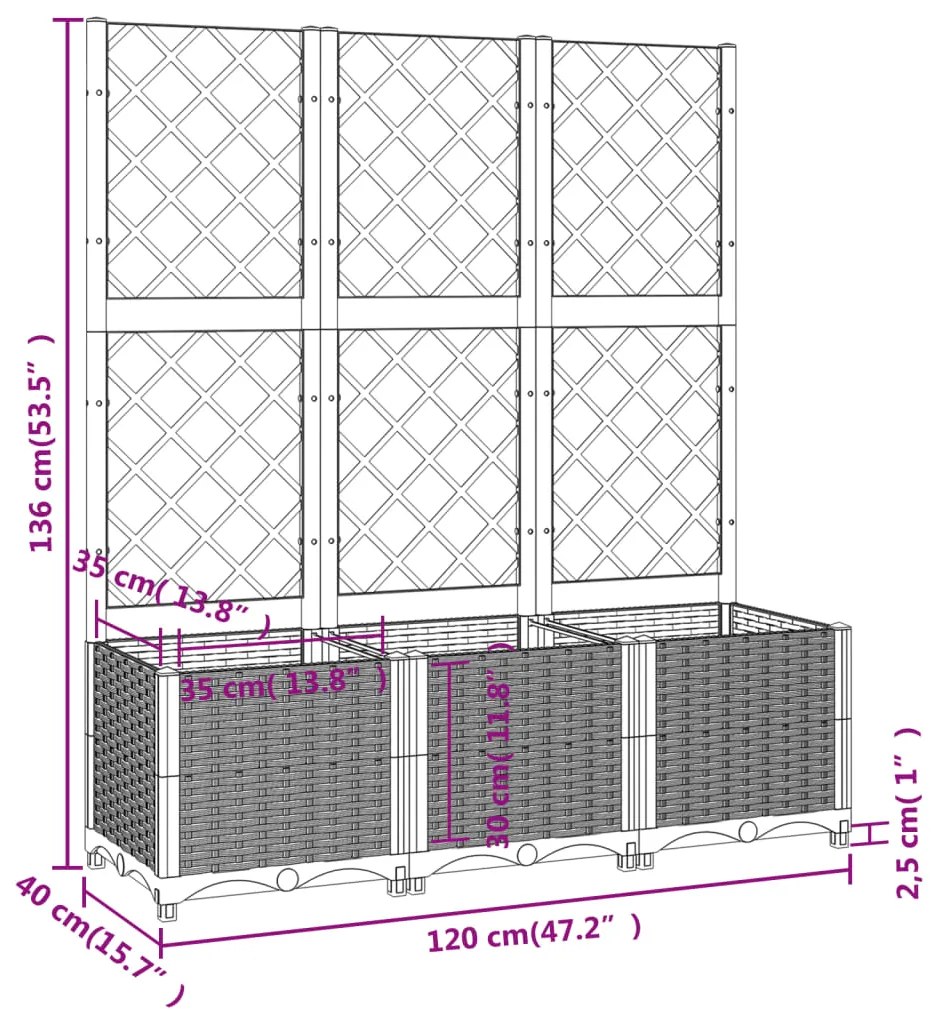 Vaso/floreira jardim c/ treliça 120x40x136 cm PP preto