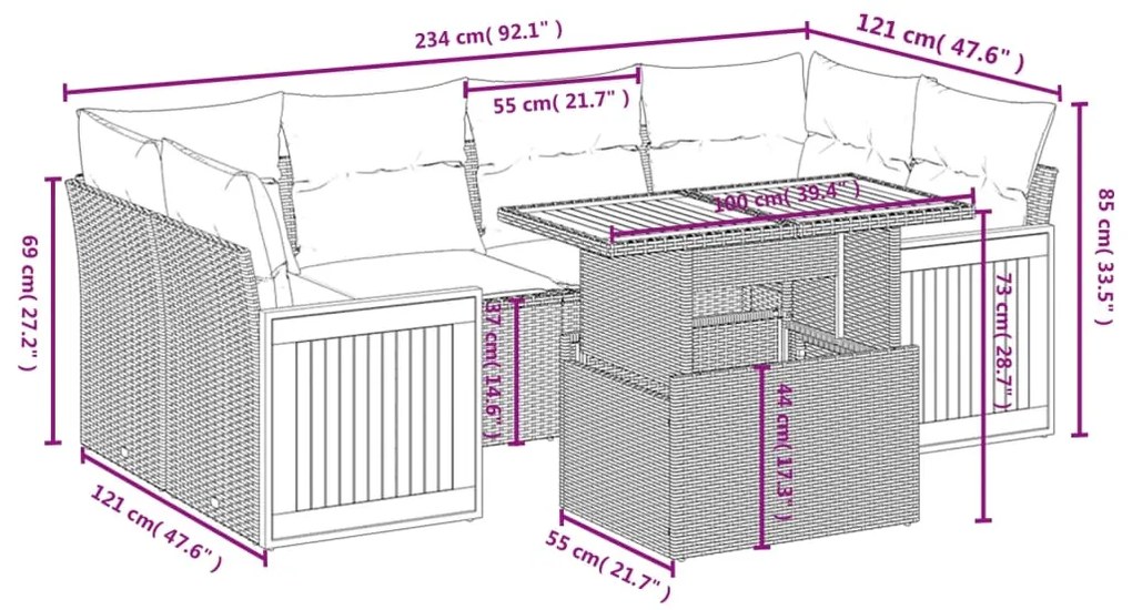 7 pcs conjunto sofás p/ jardim c/ almofadões vime PE cinzento