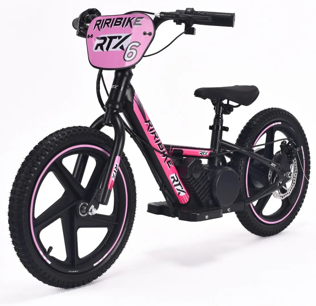 Bicicleta eléctrica para crianças RIRIBIKE RTX6 24V (16") bateria de lítio, motor de 250 watts, travão de disco, assento ajustável em PU macio Rosa