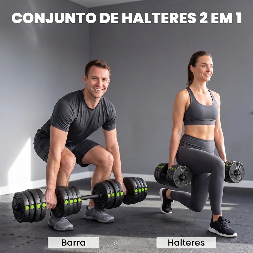 Kit de Halteres 30 kg 2 em 1 Jogo de Pesos com Barra de Pesos Pega Antiderrapante para Treino de Força  Preto e Verde