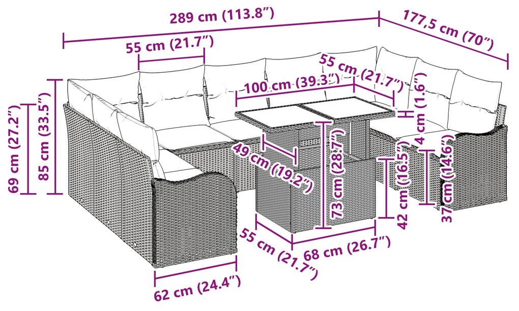 Conjunto de Sofá para Jardim vidaXL de 10 Peças com Almofadas Castanho