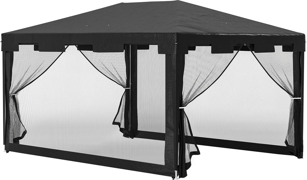 Outsunny Tenda de Jardim 4x3 m Tenda Dobrável com 4 Mosqueteiras Laterais 2 Portas e 8 Orifícios de Drenagem Cinza Escuro | Aosom Portugal