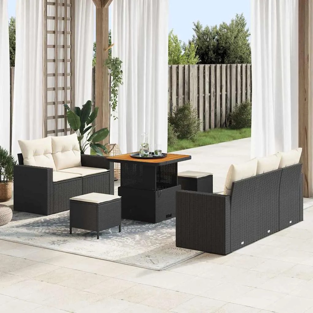 vidaXL Conjunto de Sofá de Jardim de 8 Peças com Almofadas de Rattan Poliéster Preto e Acácia.