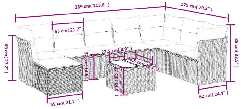 9 pcs conjunto sofás p/ jardim com almofadões vime PE cinzento