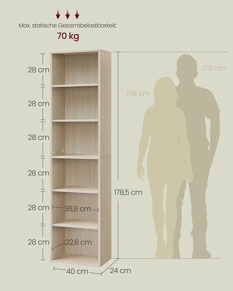 Estante de 6 prateleiras 24 x 40 x 178,5 cm bege natural