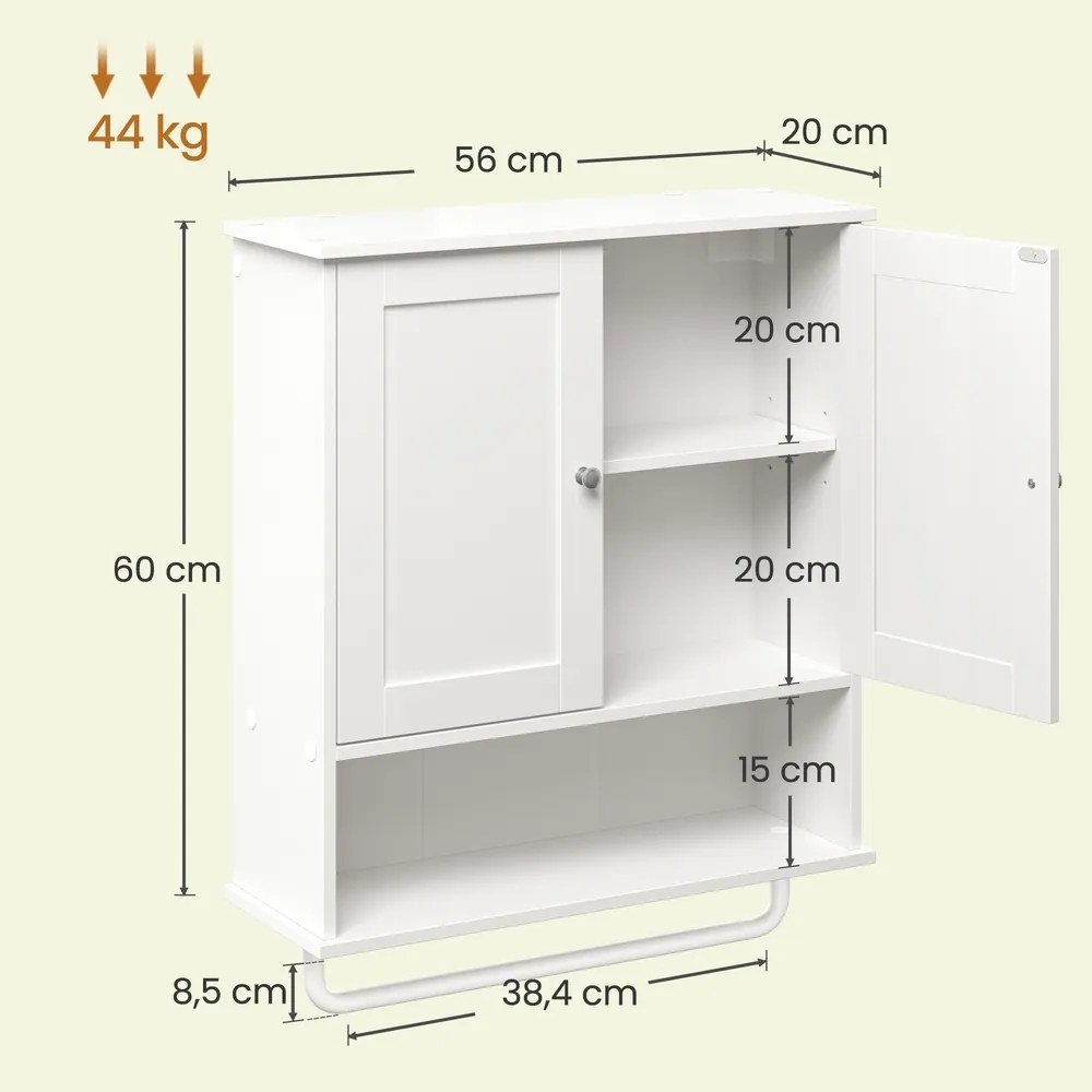 Armário de parede com portas casa banho 20 x 56 x 60 cm, toalheiro e compartimento aberto Branco