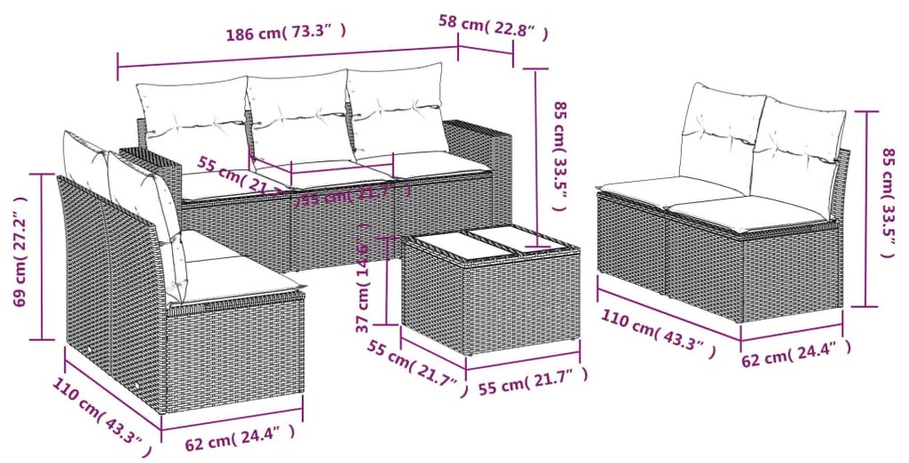 8 pcs conjunto sofás de jardim com almofadões vime PE preto