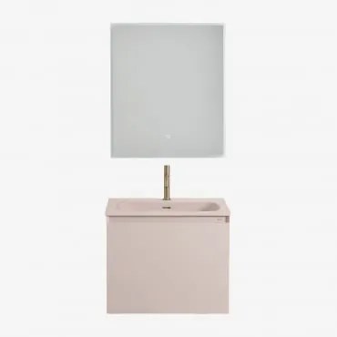 Conjunto De Móveis De Banheiro Em Madeira Macrae Com Pia Integrada Crema Linho & Led Retangular E Anti-embaciamento 60x70 Cm Riben - Sklum