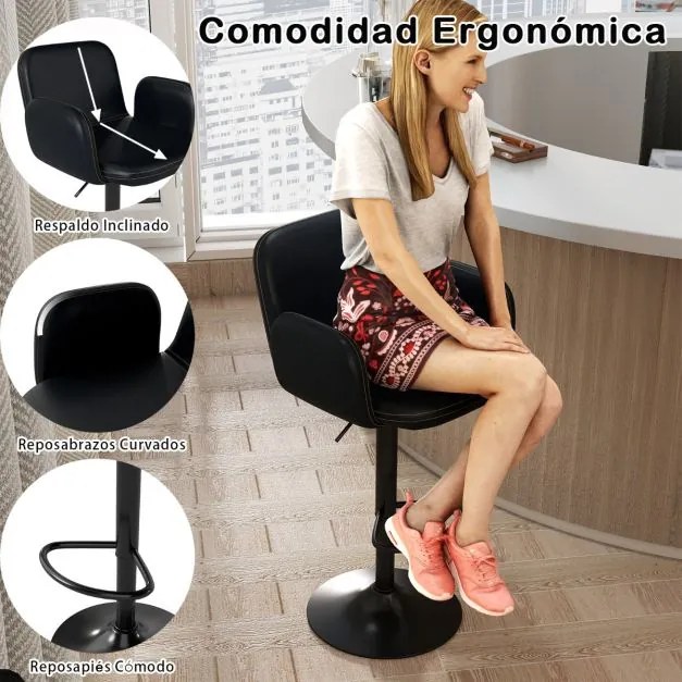 Conjunto de 2 bancos giratórios de bar com altura ajustável, assento acolchoado, apoios de braços e apoios para os pés para sala de jantar, cozinha ou